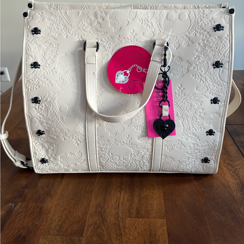 Betsey Johnson Ivory Tote with Black Skull Details